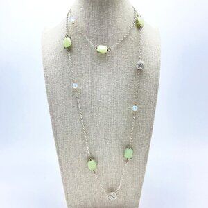 Green Bead Necklace Silver Tone Chain Single Strand Adjustable Art Deco Style